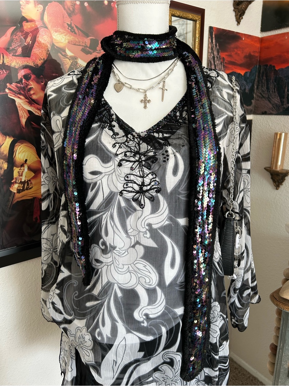 Vintage Y2K 2000s Sequin Scarf Womens Skinny Long Black Iridescent Dark Fairy